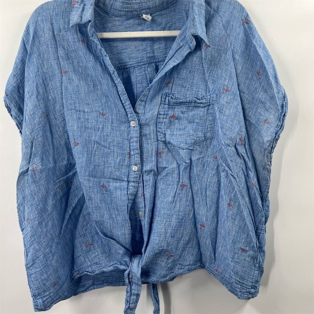 Old Navy XXL Women's Blue Flamingo Print Tie-Front Short Sleeve Button-Up Shirt